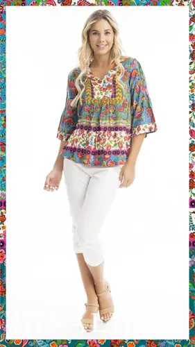 Orientique Carvalho Placket V Neck Top